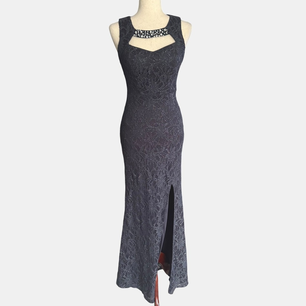 City Studio Floral Lace Rhinestone Cutout Gown Navy Sz. 2 3 Small Prom HOCO